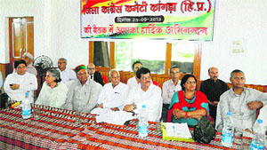 Sunder Singh Thakur, party observer, and other party leaders at Kangra on Wednesday.