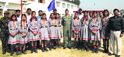 Students of Kendriya Vidyalaya Number-2, with education officer Renuka and principal Amit Walter, during the annual sports day function held at Air Force Station in Srinagar on Thursday. Tribune Photo: Amin War