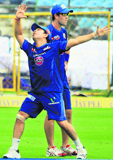 Sachin Tendulkar in a playful mood on Thursday. 