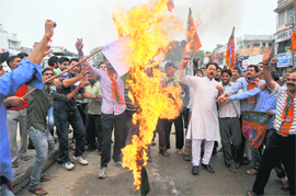 BJP activists burn Pakistan flag in Jammu on Friday. 