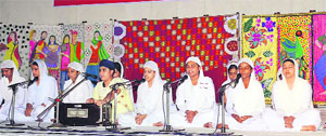 Students participate in shabad recital during the Panjab University Zonal Youth and Heritage Festival for the Ferozepur-Moga Zone-B colleges at the Khalsa College for Women, Sidhwan Khurd, near Jagraon on Friday.
