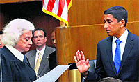 Chandigarh-born Sri Srinivasan being sworn in as a judge of the US Courts of Appeal for the District of Columbia Circuit by Justice Sandra Day O'Connor in Washington on Thursday