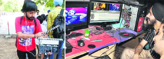 Member of a city-based NGO during the shoot of a song of its maiden production Mehrmaan in Amritsar on Friday; and (right) members of the NGO watch the song featuring a local artist.