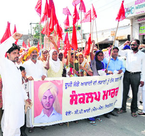 Members of the CPI (ML) Liberation take out a Sankalp March to mark the birth anniversary of Shaheed Bhagat Singh in Bathinda on Saturday.