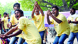 Artists perform a nukkad natak, Fight against Cancer, an awareness campaign against cancer organised by Lokshathi Society in New Delhi on Saturday