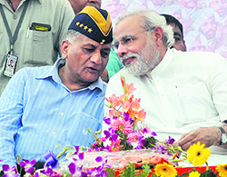 BJP prime-ministerial candidate Narendra Modi with General VK Singh at a recent rally in Rewari.