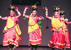 Students of APJ College of Fine Arts perform a cultural programme during the closing ceremony of International Design Week in Jalandhar on Saturday.