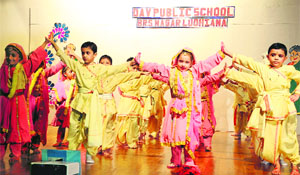 Students take part in a cultural programme during the Grandparents Day celebrations at DAV Public School in Ludhiana on Saturday. 