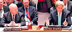 US Secretary of State John Kerry (R) and Britain's Foreign Minister William Hague at the UN headquarters in New York