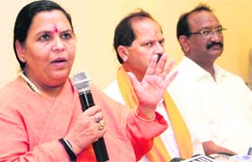 Senior BJP leader Uma Bharti addresses mediapersons in Dehradun on Sunday