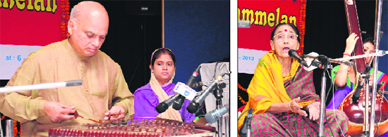 Santoor maestro Pt Satish Vyas (left); and vocalist Sulochana Brihaspati perform during the Akashvani Sangeet Sammelan at KL Sehgal Memorial Hall, Jalandhar, on Sunday. 