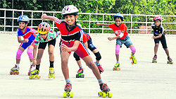 Skaters in action during the 16th Ludhiana District Roller Skating Championship at Leisure Valley Rink on Sunday