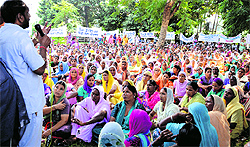 Mid-day meal workers protest against the government at Chatar Singh Park in Ludhiana on Sunday
