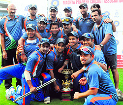 India Blues pose with the trophy after beating Delhi in the final of the Challenger Series in Indore on Sunday