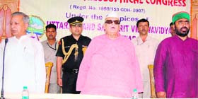 Governor Aziz Qureshi, Education Minister Mantri Prasad Naithani and Uttarakhand Sanskrit Vishwavidyalya VC Mahaveer Aggarwal at the 87th Indian Philosophical Congress in Haridwar on Monday.