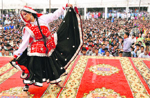 A student performs during a talent-hunt programme at Pt. Chiranji Lal Government PG College, Sector 14, in Karnal. 