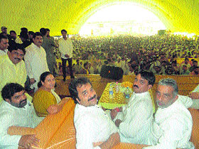 Lok Sabha MP Kuldeep Bishnoi and other HJC-BJP leaders at a public meeting at Sohna on Sunday.