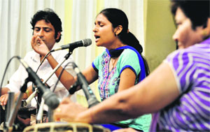 A student enthrals the audience during the Display your Talent contest at the University of Jammu on Monday.