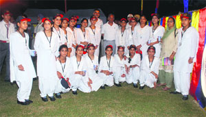 Schoolchildren along with BSF officers at the paramilitary forces headquarters in Jammu on Monday.