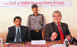 Muhammad Aslam, Vice-Chancellor, IGNOU, addresses a press conference in Srinagar on Monday.