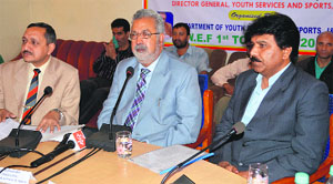 Minister for Medical Education, Youth Services and Sports Taj Mohi-ud-din addresses mediapersons in Srinagar on Monday.