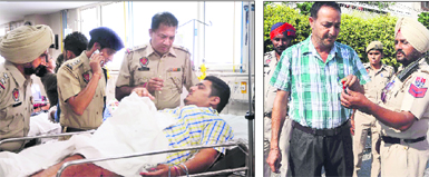 The police records the statement of one of the injured youths; and (right) a policeman shows a bullet shell at the crime scene in Ludhiana on Monday. 