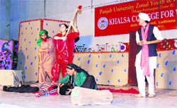 Students perform during the Panjab University Zonal Youth and Heritage Festival at the Khalsa College for Women in Sidhwan Khurd on Monday. 