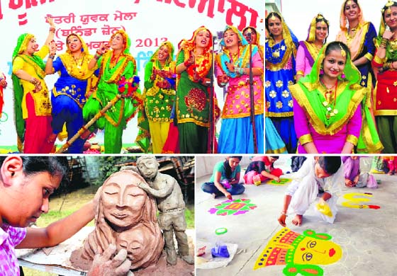 (Clockwise from above) Students perform giddha during the Zonal Youth Festival at Malwa College in Bathinda on Tuesday; winner of the best dancer award is all smiles after the contest; students busy in rangoli competition during the festival; and a student participates in clay modelling contest.