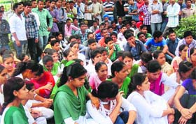 Students of Government ITI, Bathinda, hold a protest in association with Naujawan Bharat Sabha in Bathinda on Tuesday.