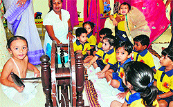 Students of SMD Little Champ School celebrate Gandhi Jayanti on the school premises in Panchkula on Tuesday