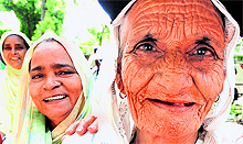 Eighty-two-year-old Devika Devi leads a rally on the occasion of International Day of Older Persons at Sector 15, Chandigarh, on Tuesday
