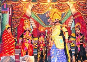 Artistes portray various characters of Ramayana at Ramleela in Haridwar on late Monday night