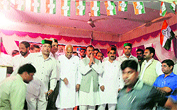 HPCC general secretary Sunil Sharma greets party leaders and workers in Chamba