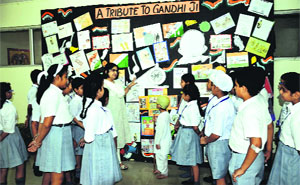 Students of Bal Bharati School celebrate Gandhi Jayanti in Ludhiana on Tuesday. 