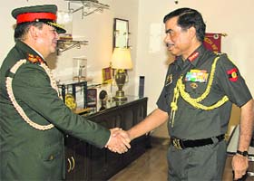Nepalese army chief General Gaurav Shamsher Jang Bahadur Rana (left) with Lt Gen Philip Campose, GOC- in-C, HQ WC, at Chandimandir on Tuesday