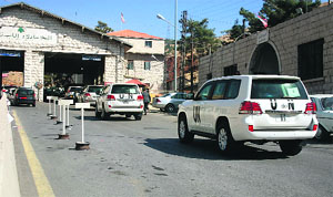 A convoy of UN vehicles at the Lebanon-Syria Masnaa border crossing on Tuesday.