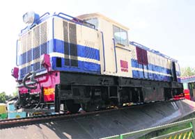 A vintage diesel engine, 155, has been placed in front of the Chandigarh railway station to beautify the premises