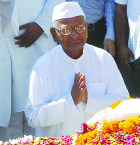 Social Activist Anna Hazare paying homage to the Father of the Nation Mahatma Gandhi on the occasion of his 144th birth anniversary at his memorial at Rajghat in New Delhi on Wednesday. 