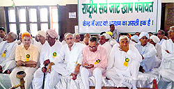 Members of various khaps attend a Sarv Jat khap panchayat in Jind on Wednesday