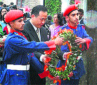 Nepalese Army Chief General Gaurav Shamsher Jung Bahadur Rana lays a wreath at the war memorial at Lawrence School Sanawar on Wednesday