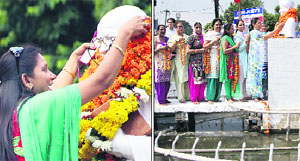 Congress workers pay tributes to Mahatma Gandhi; and (right) Lal Bahadur Shastri on their birth anniversary in Jalandhar on Wednesday