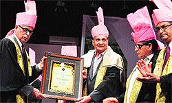 Governor NN Vohra confers the degree of Doctor of Science on Professor Goverdhan Mehta at University of Kashmir on Wednesday