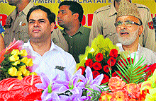 Minister for Rural development and Panchyati Raj Ali Mohammad Sagar (right) and Minister of State for Power Vikar Rasool at a function in Jammu on Wednesday