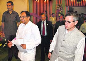 Finance Minister P Chidambaram along with Chief Minister Omar Abdullah and Chairman, J&K Bank, Mushtaq Ahmad at the platinum jubilee celebrations of the bank at SKICC in Srinagar on Wednesday