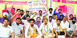 Members of the Veterinary Artificial Insemination Workers Union, Punjab, stage a dharna in Sangrur on Wednesday. A Tribune photograph