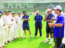 Sachin Tendulkar interacts with the Indian womens team at the MCAs BKC Centre.