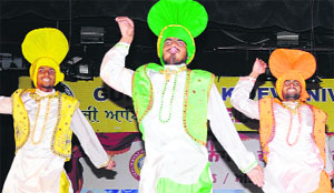 A student performs bhangra during the Zonal Youth Festival in Amritsar on Thursday. 