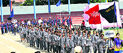 Teams of districts from across the state march past during the opening ceremony of the Punjab State Games for Women at the Multipurpose Sports Stadium in Bathinda on Thursday