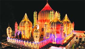 The illuminated temple ahead of Navratras.
