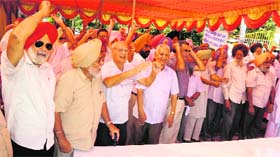 Members of the Punjab Pensioners Union hold a protest in support of their demands near the DC office at Phase I, Mohali, on Thursday.